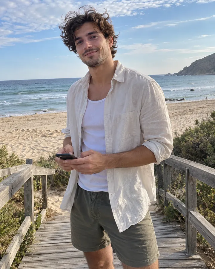 Illustrative adult male creator with a phone on a beach walkway
