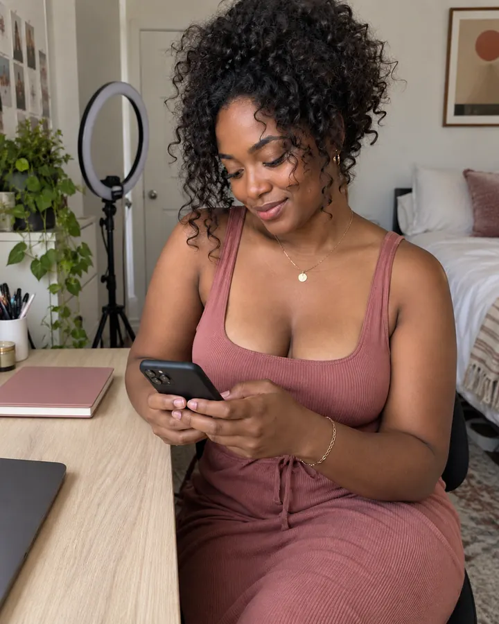 Illustrative adult creator checking her phone beside a ring light